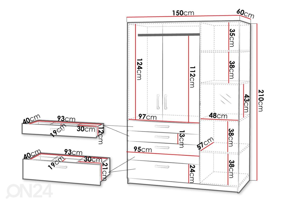 Vaatekaappi 150 cm kuvasuurennos mitat