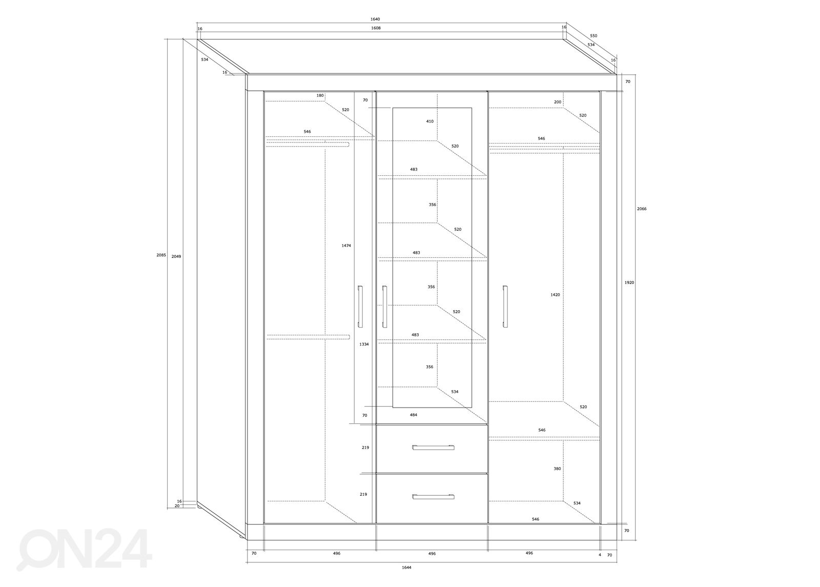 Vaatekaappi 165 cm kuvasuurennos mitat