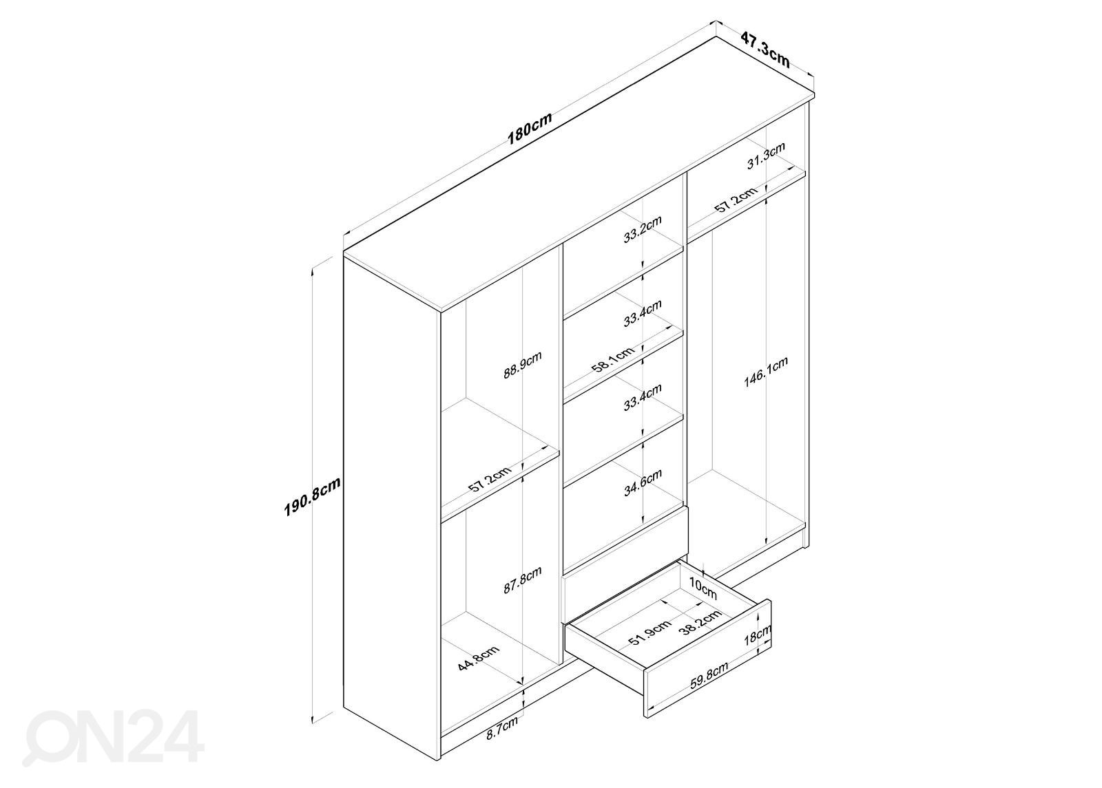 Vaatekaappi 180 cm kuvasuurennos mitat