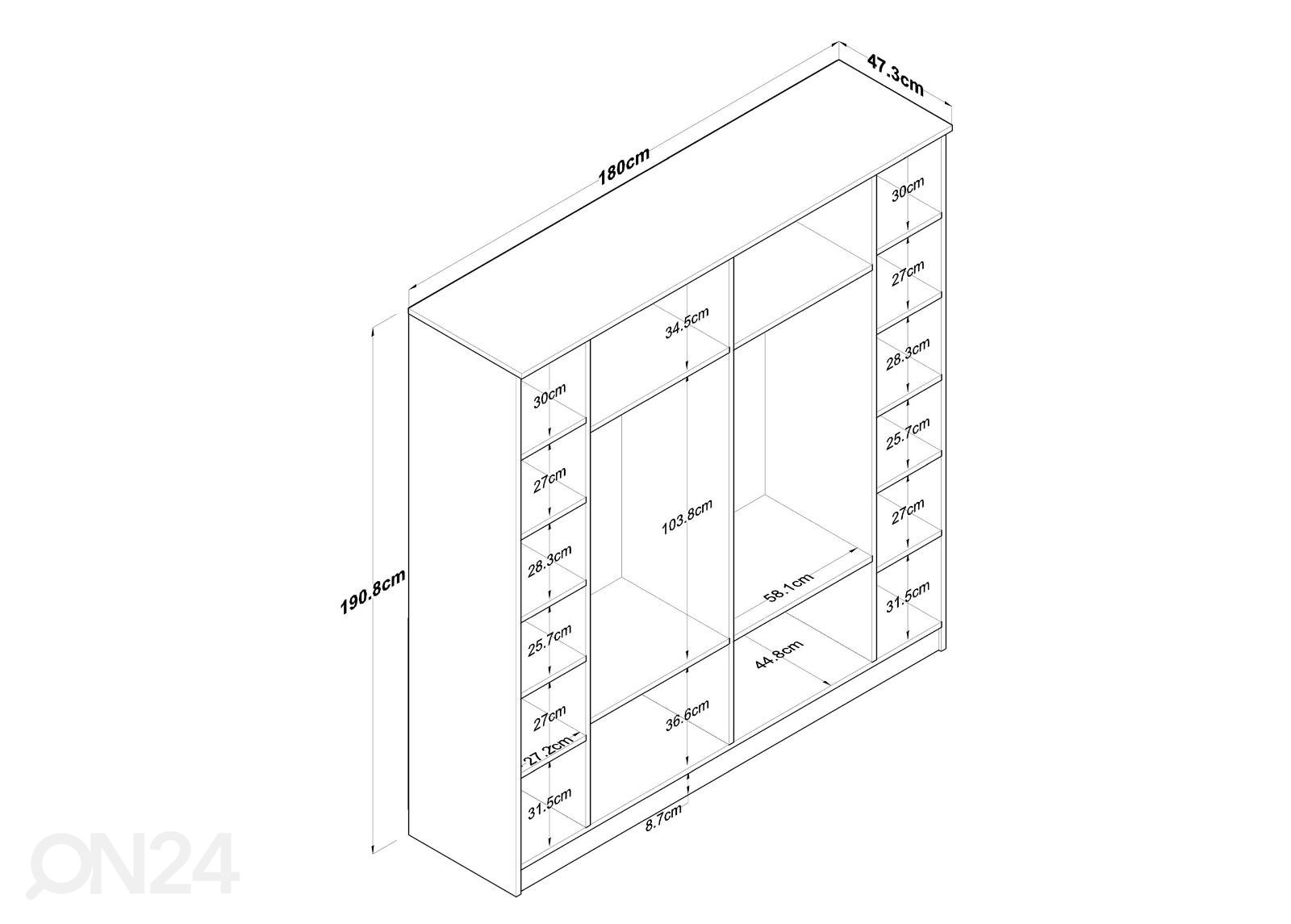 Vaatekaappi 180 cm kuvasuurennos mitat