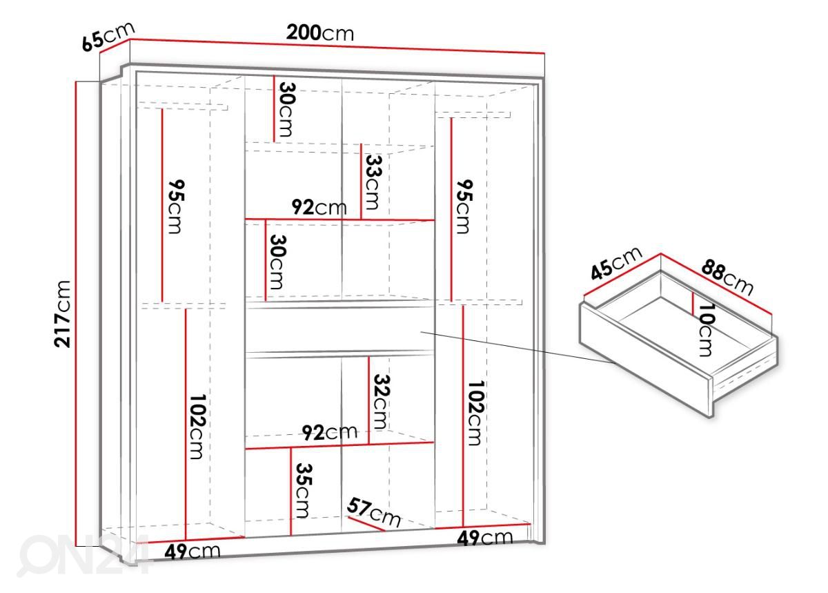 Vaatekaappi 200 cm kuvasuurennos mitat