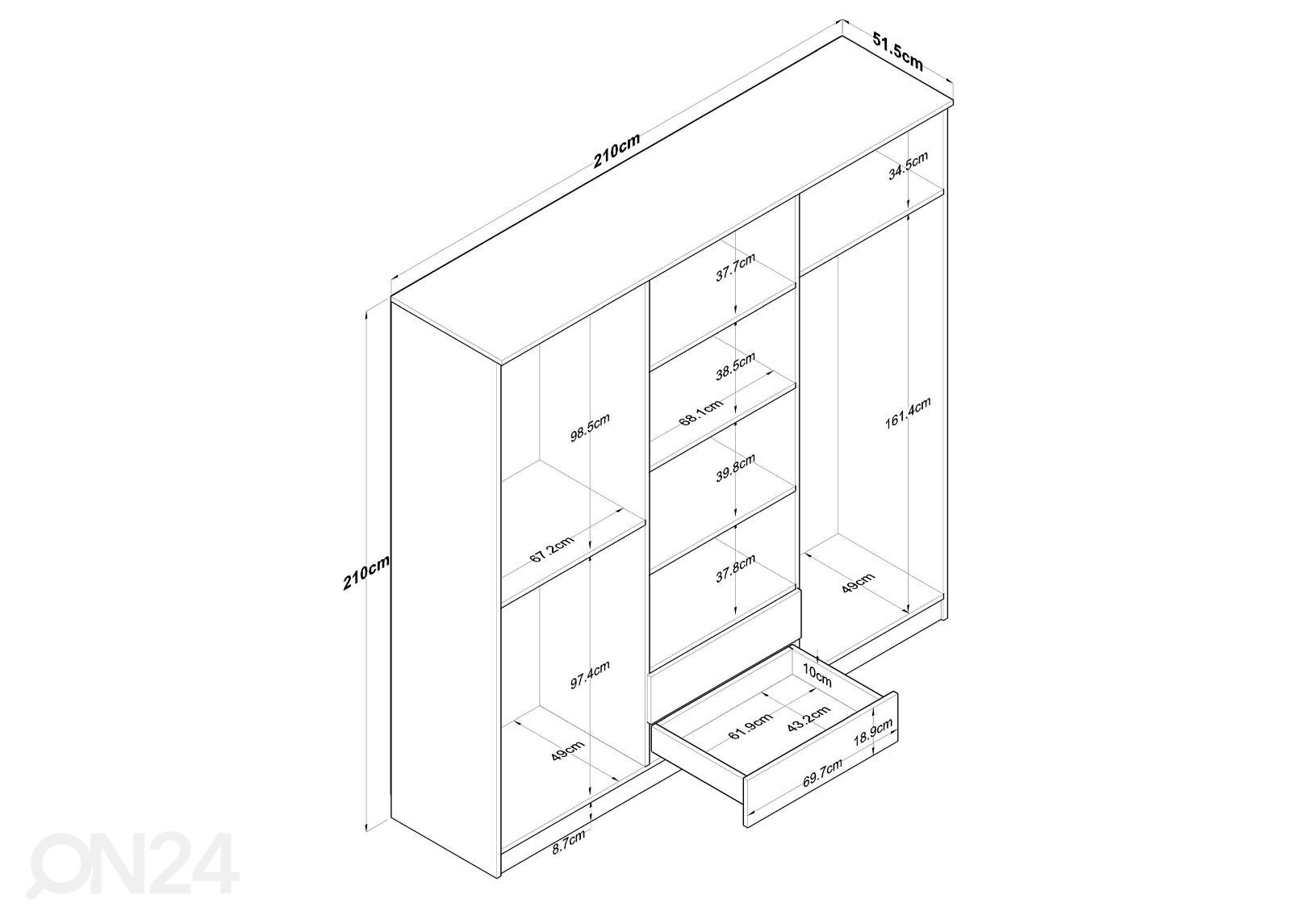 Vaatekaappi 210 cm kuvasuurennos mitat