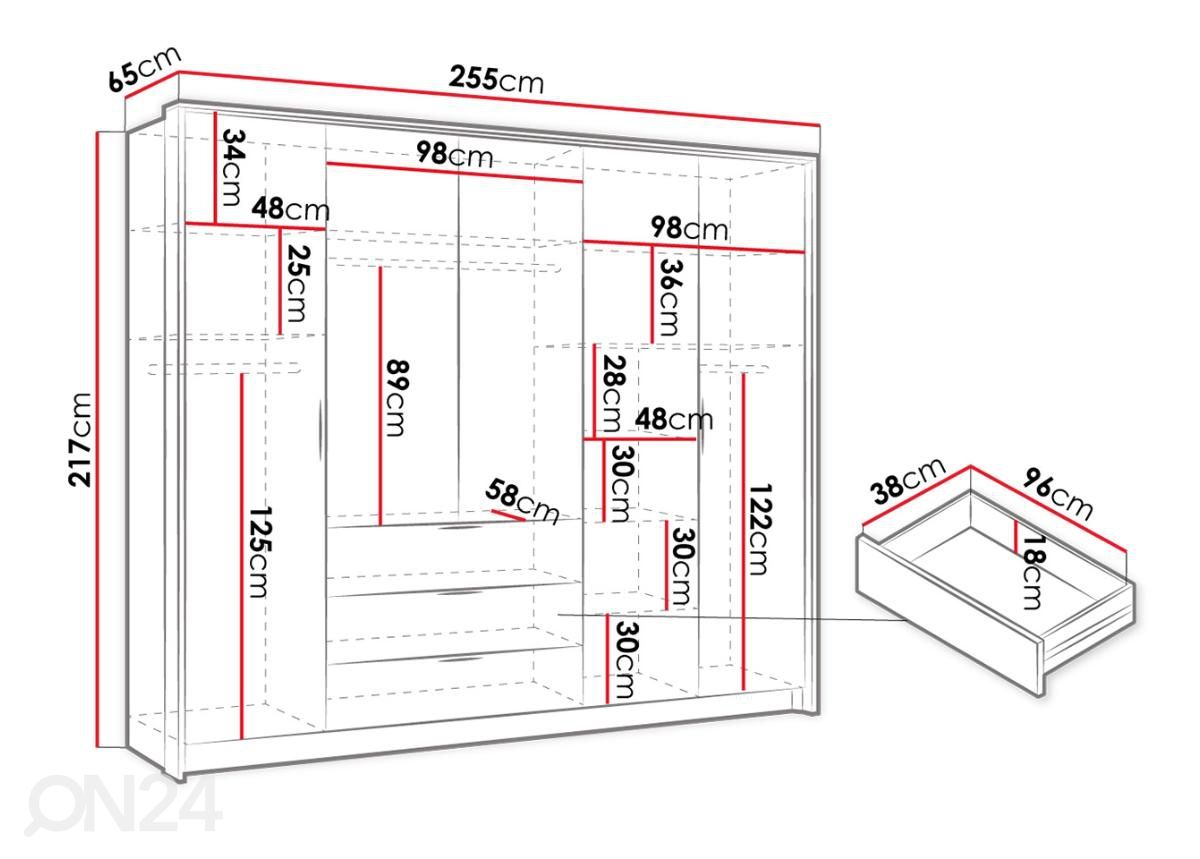 Vaatekaappi 255 cm kuvasuurennos mitat