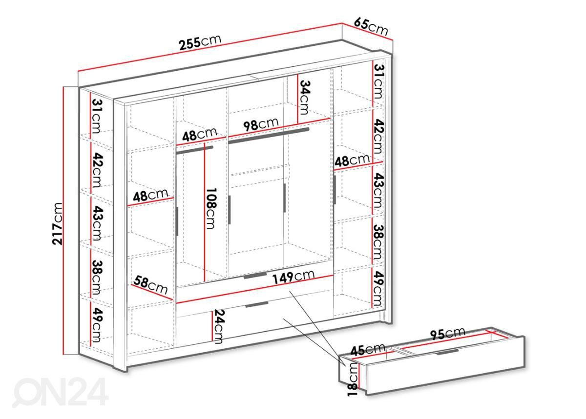 Vaatekaappi 255 cm kuvasuurennos mitat