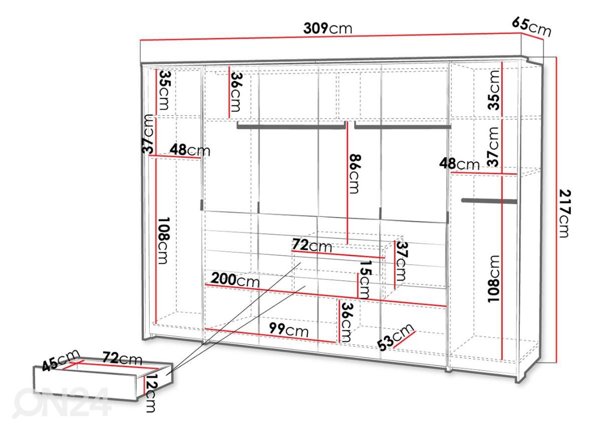 Vaatekaappi 309 cm kuvasuurennos mitat