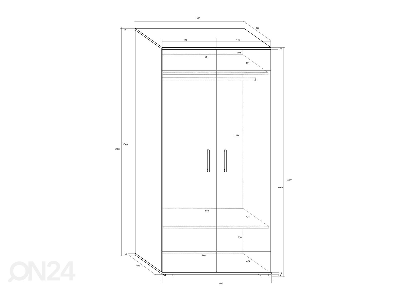 Vaatekaappi 90 cm kuvasuurennos mitat