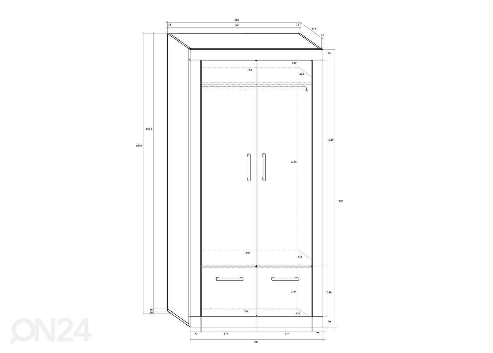 Vaatekaappi 90 cm kuvasuurennos mitat