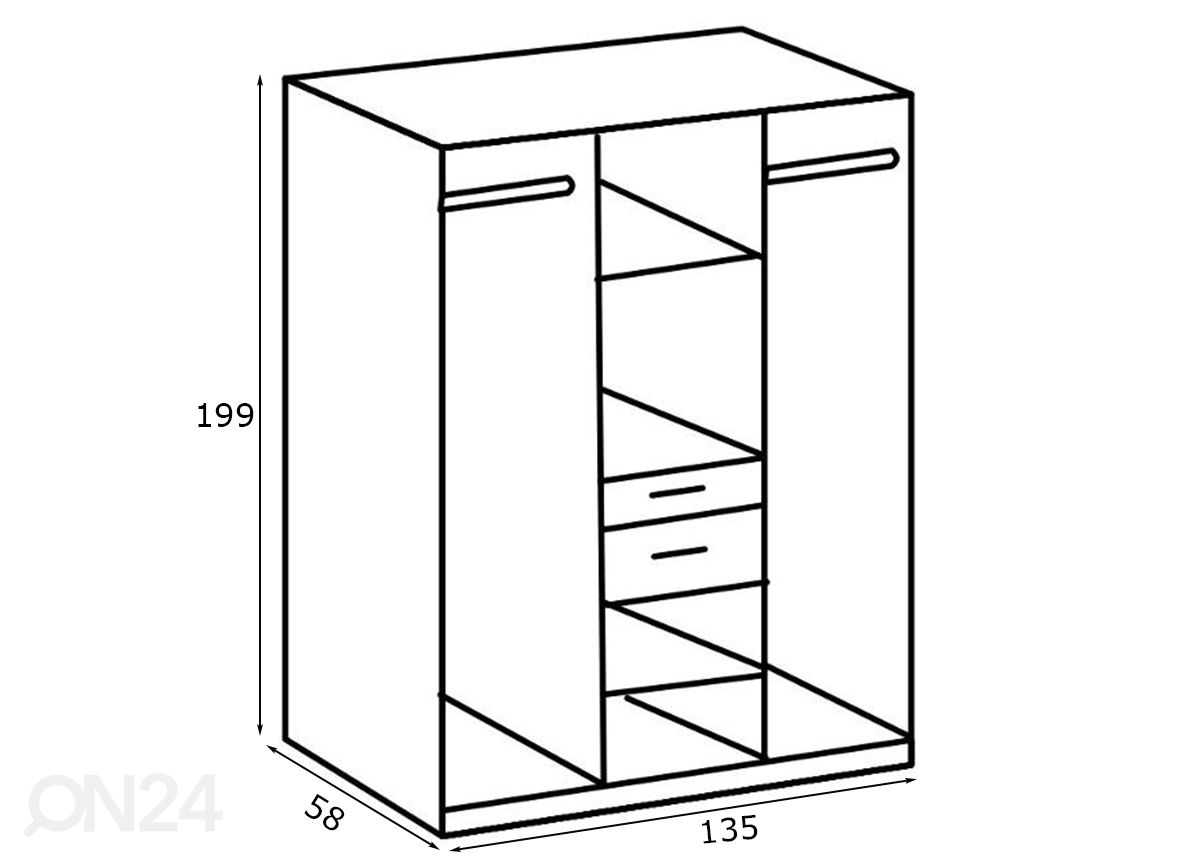 Vaatekaappi Aalborg 135 cm kuvasuurennos mitat