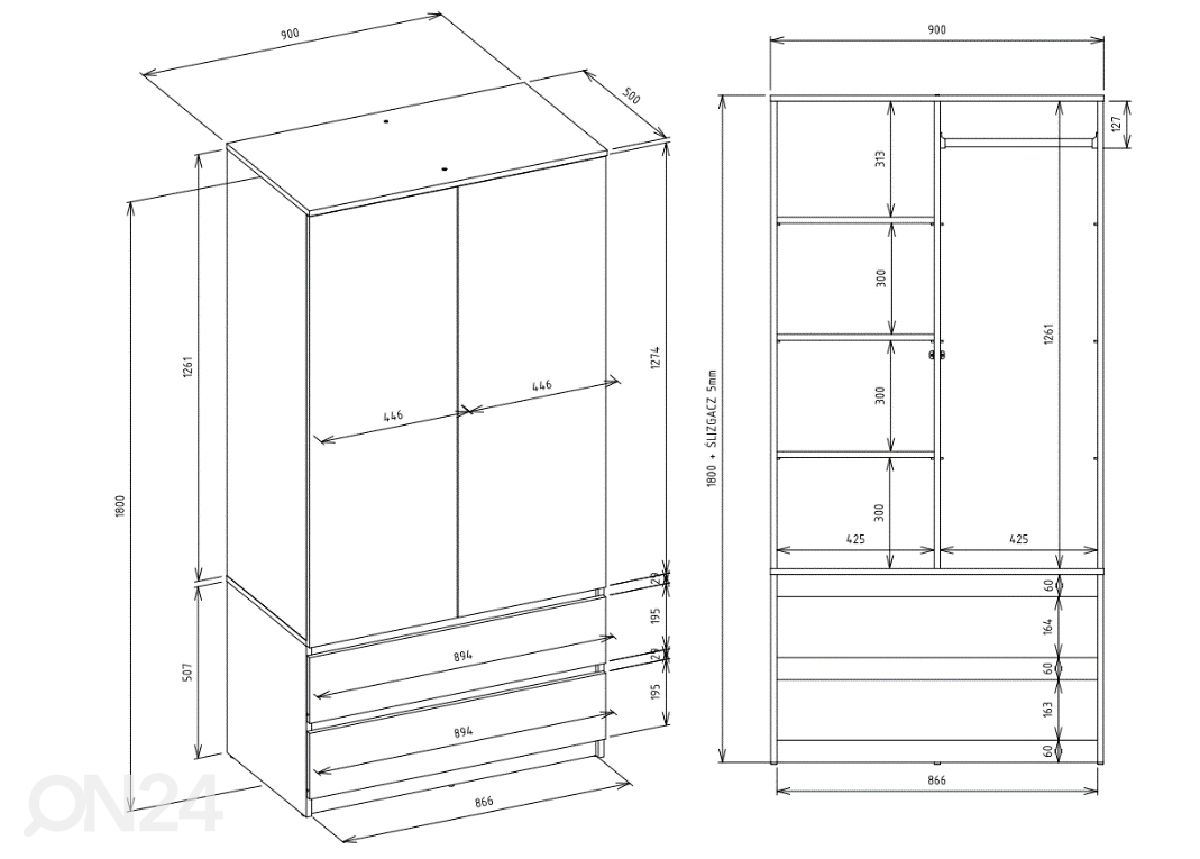 Vaatekaappi Arti 90 cm kuvasuurennos mitat