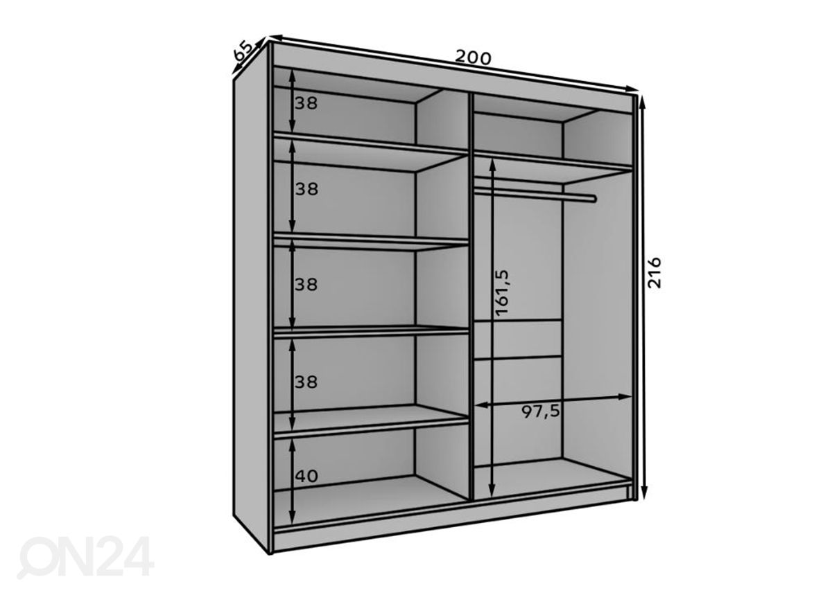 Vaatekaappi Atson 200 cm kuvasuurennos mitat