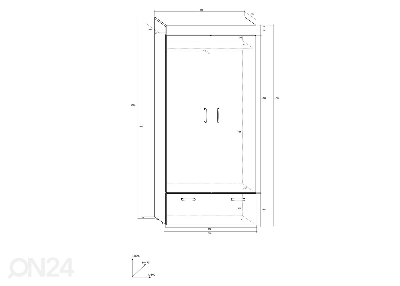 Vaatekaappi Cobh 80 cm kuvasuurennos mitat