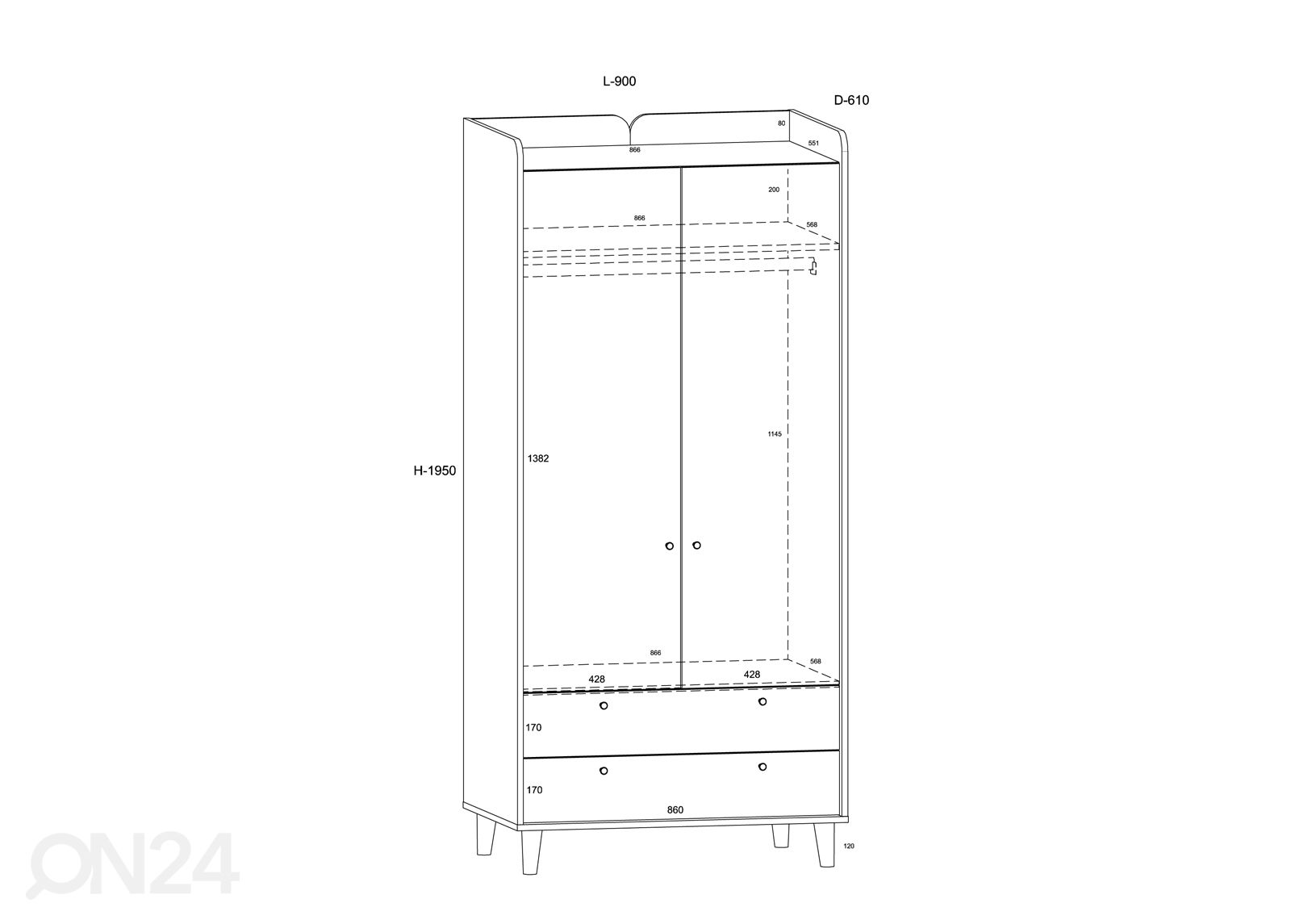 Vaatekaappi / eteiskaappi Glandore 90 cm kuvasuurennos mitat