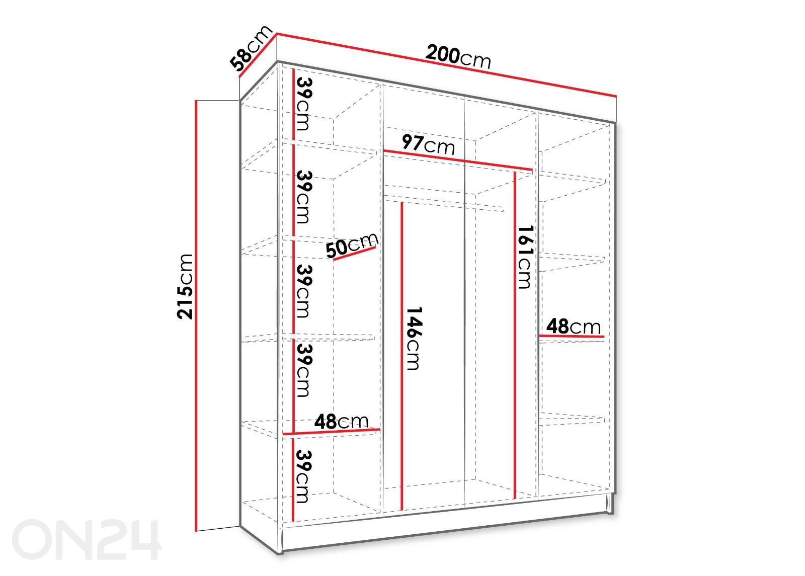 Vaatekaappi Firenze 200 cm kuvasuurennos mitat