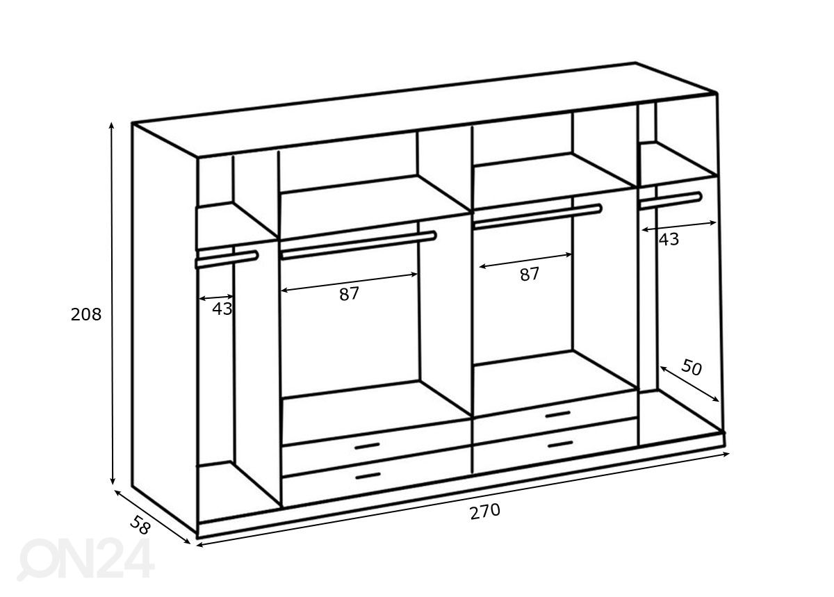 Vaatekaappi Gronau 270 cm kuvasuurennos mitat