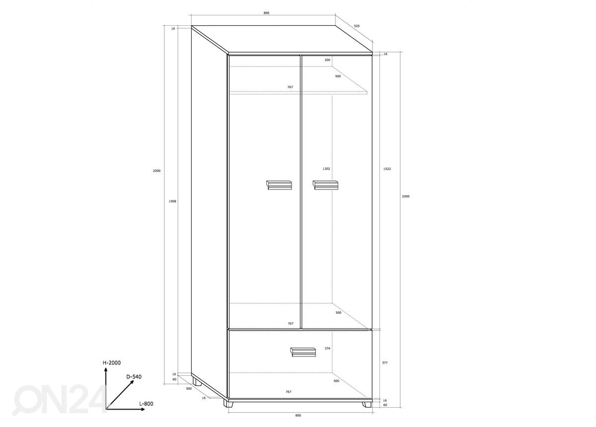 Vaatekaappi Head 80 cm kuvasuurennos mitat