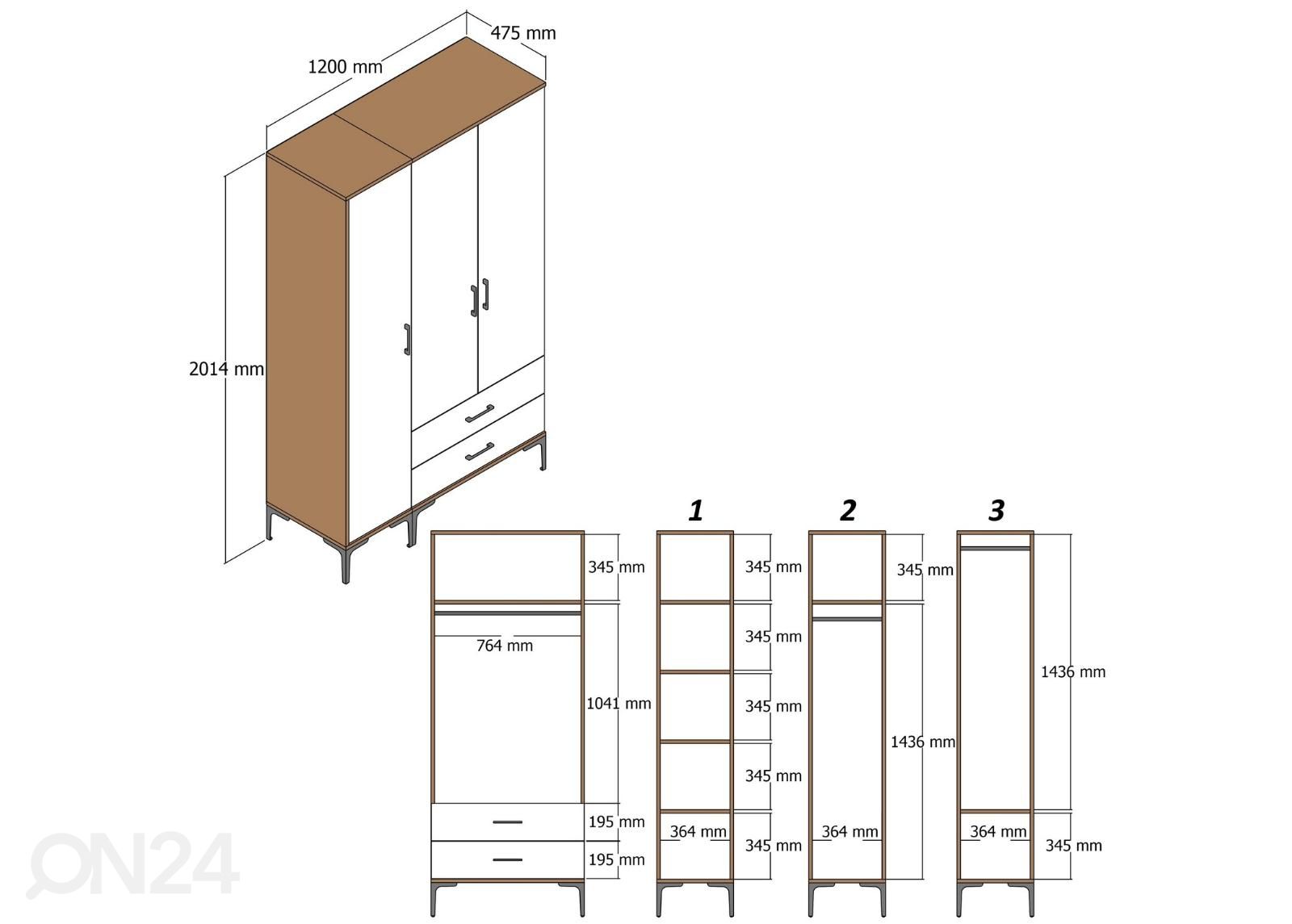 Vaatekaappi Konya 120 cm kuvasuurennos mitat