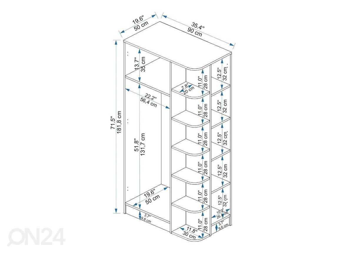 Vaatekaappi Lukas 90 cm kuvasuurennos mitat