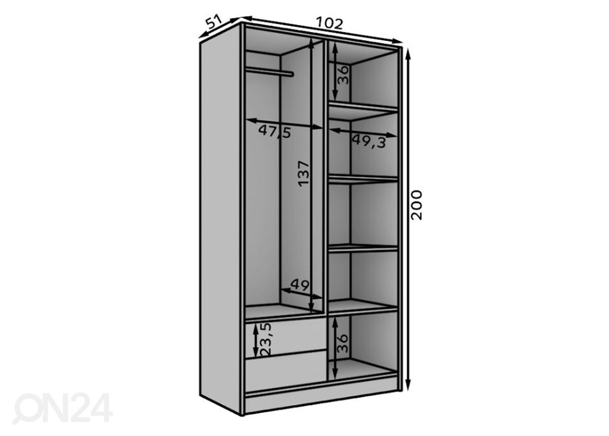 Vaatekaappi Moselle 100 cm kuvasuurennos mitat