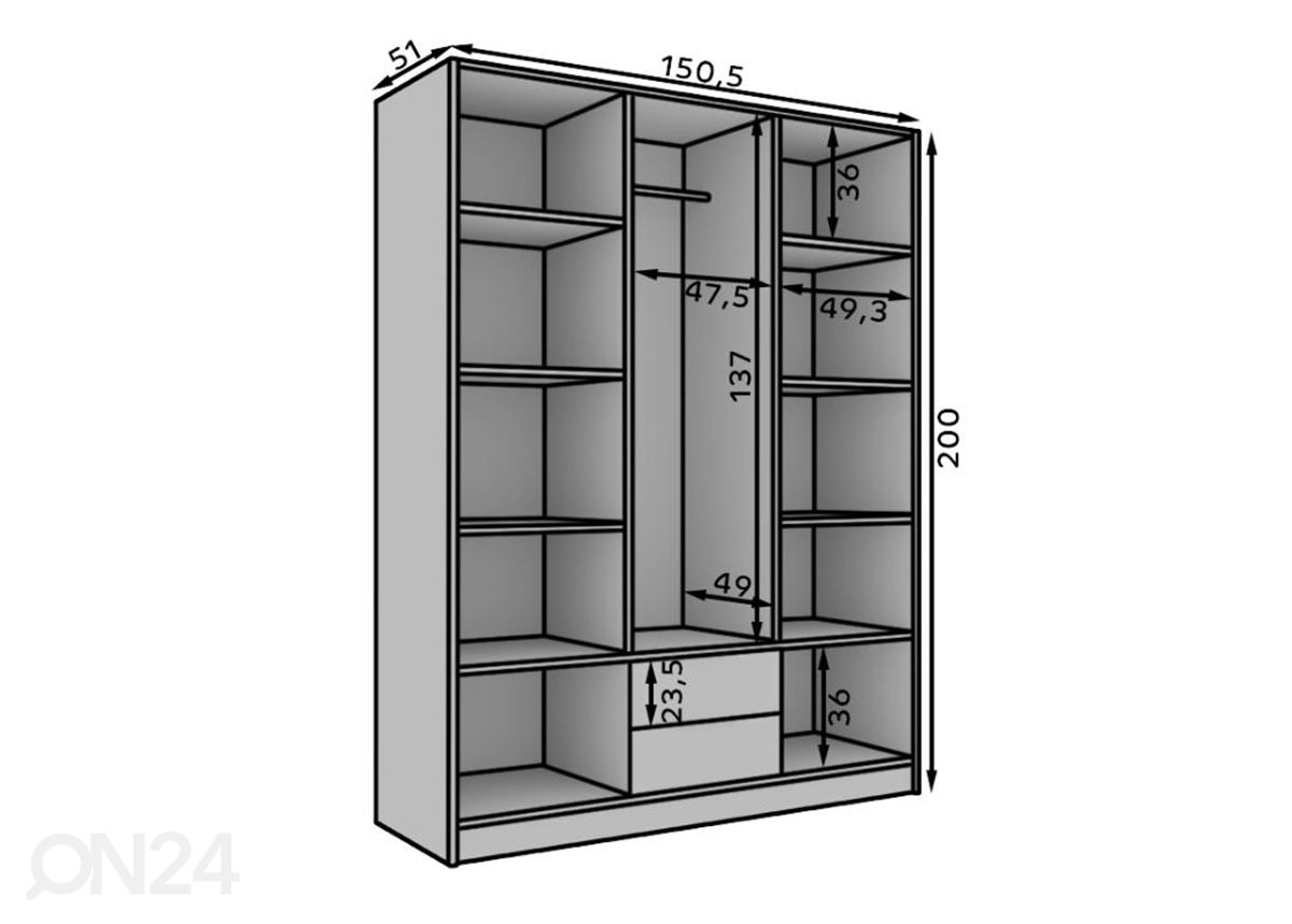 Vaatekaappi Moselle 150 cm kuvasuurennos mitat