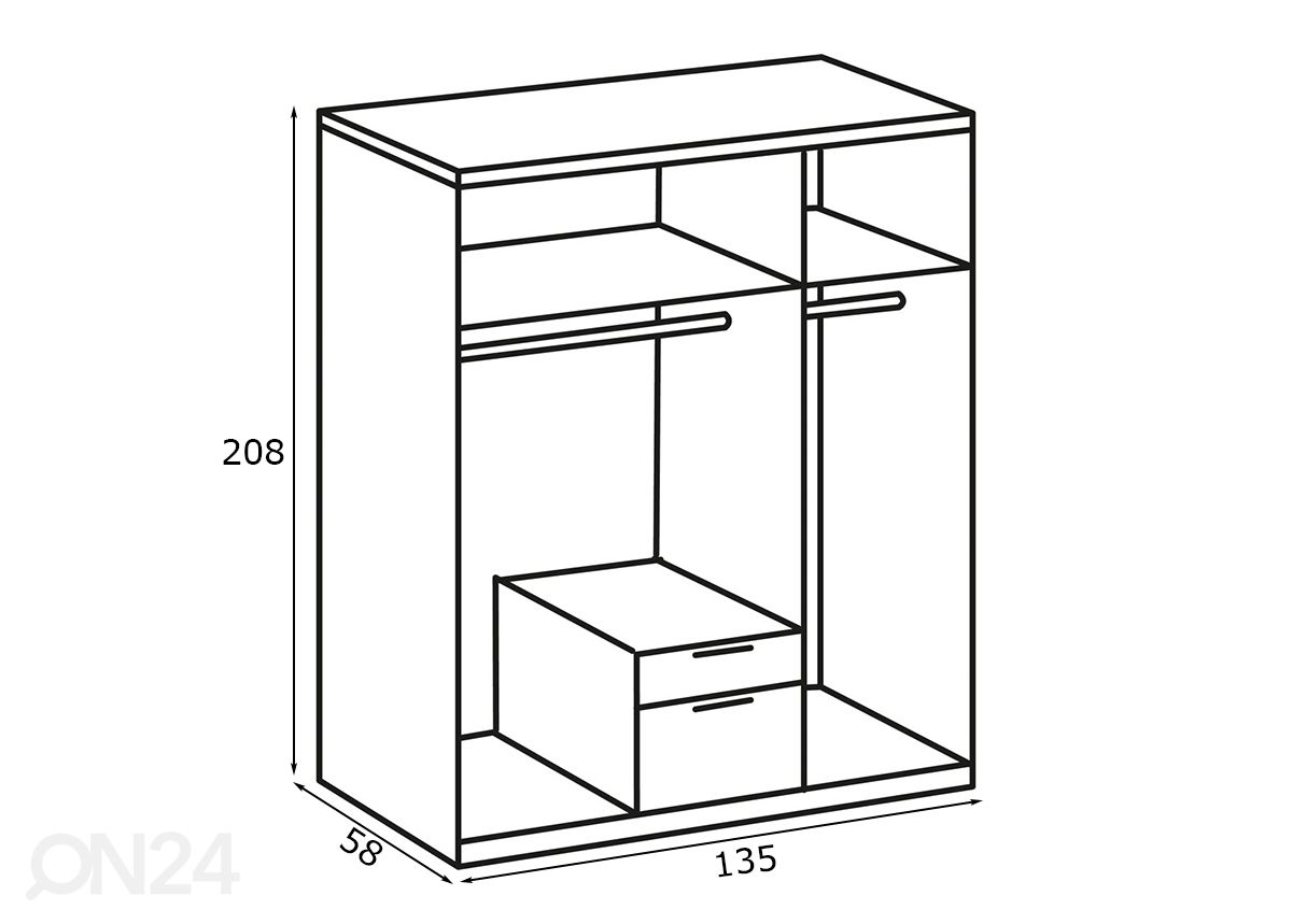 Vaatekaappi New York 135xh208 cm kuvasuurennos mitat