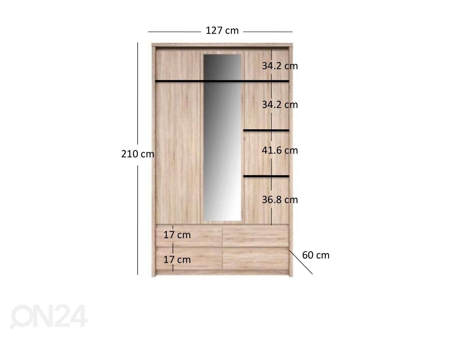 Vaatekaappi Norton 127 cm kuvasuurennos mitat