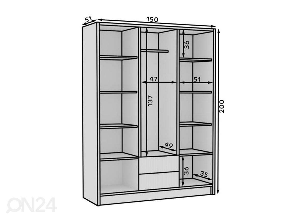 Vaatekaappi Nürnberg 150 cm kuvasuurennos mitat