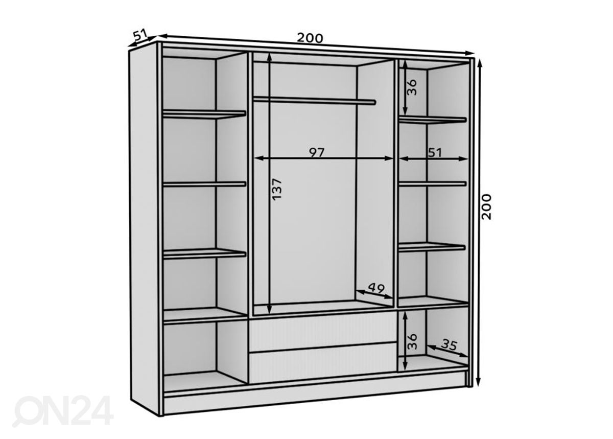 Vaatekaappi Nürnberg 200 cm kuvasuurennos mitat