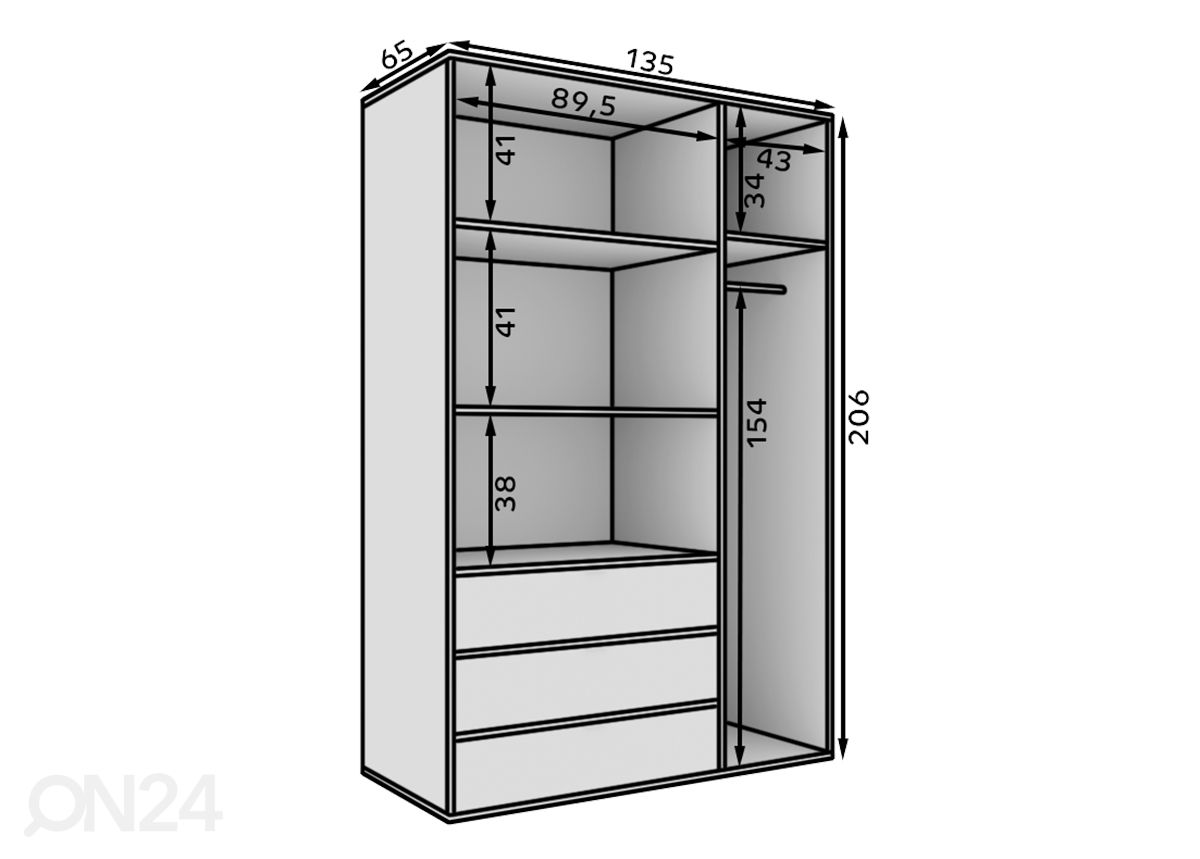 Vaatekaappi Piccolo 135 cm kuvasuurennos mitat