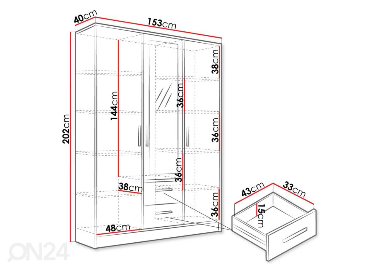 Vaatekaappi Tokyo 153 cm kuvasuurennos mitat