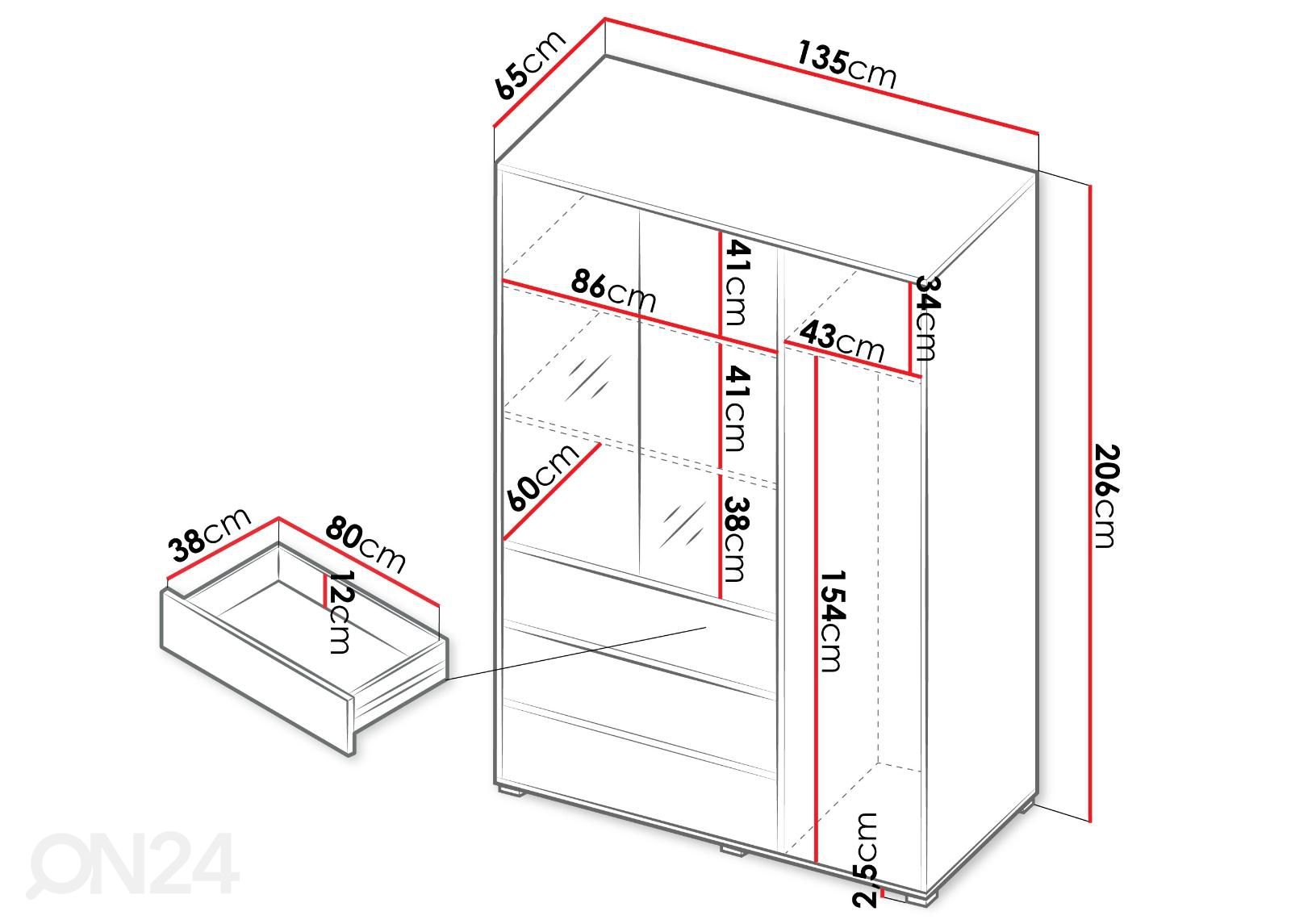 Vaatekaappi Verona 135 cm kuvasuurennos mitat