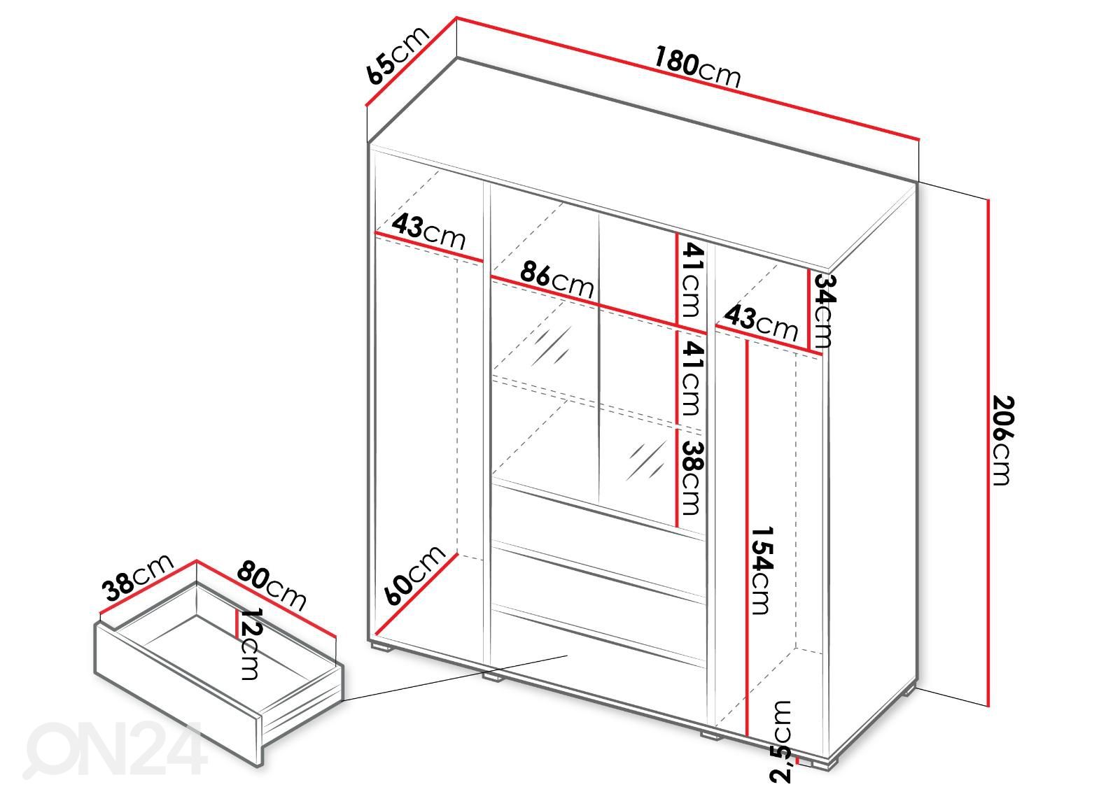 Vaatekaappi Verona 180 cm kuvasuurennos mitat