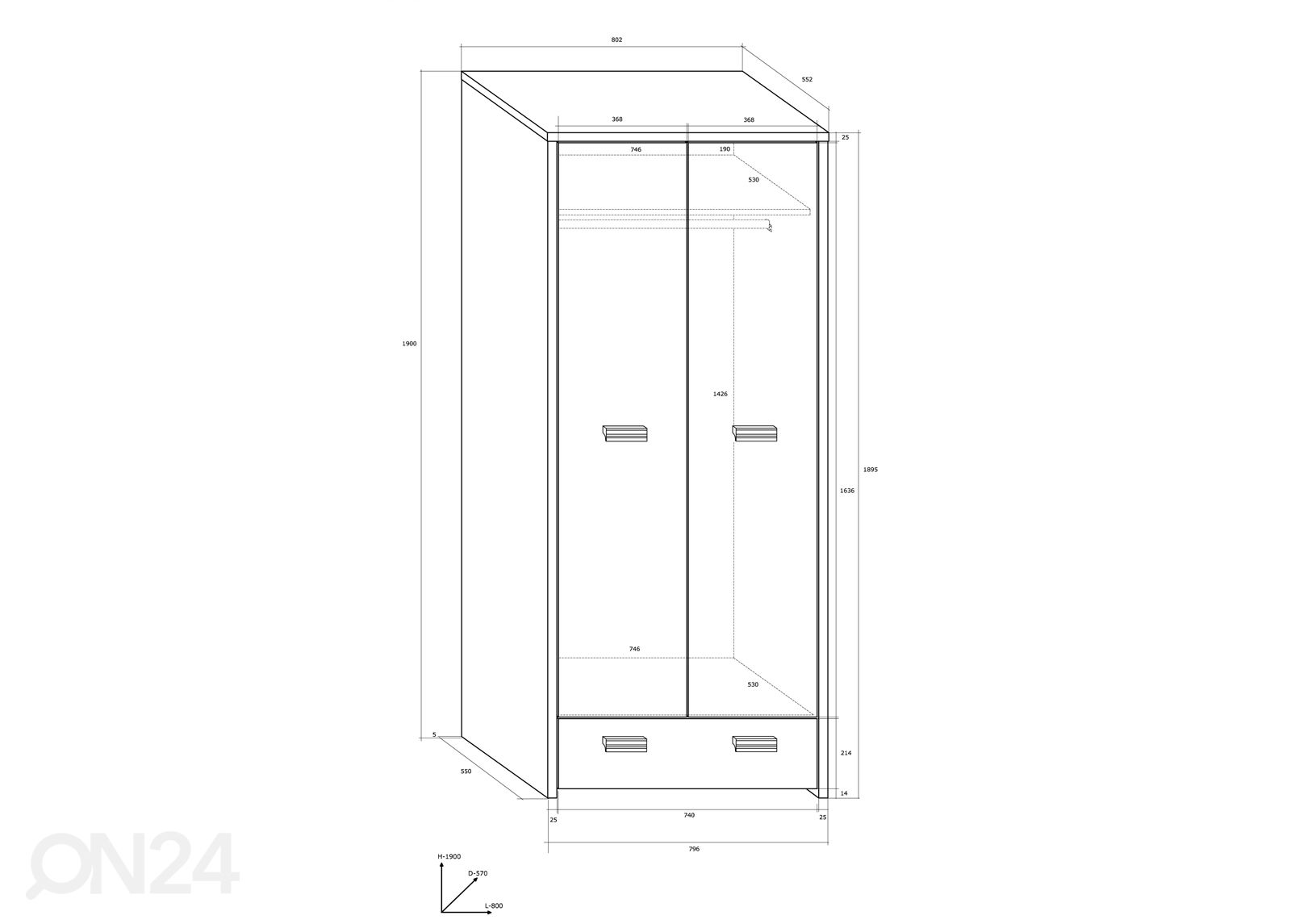 Vaatekaappi Ville 80 cm kuvasuurennos mitat