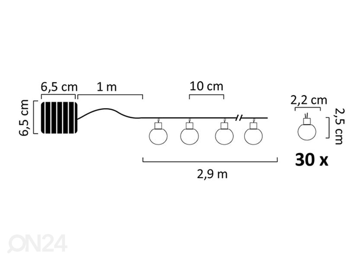 Valosarja Solar Garland Party Milky 30 LED kuvasuurennos mitat