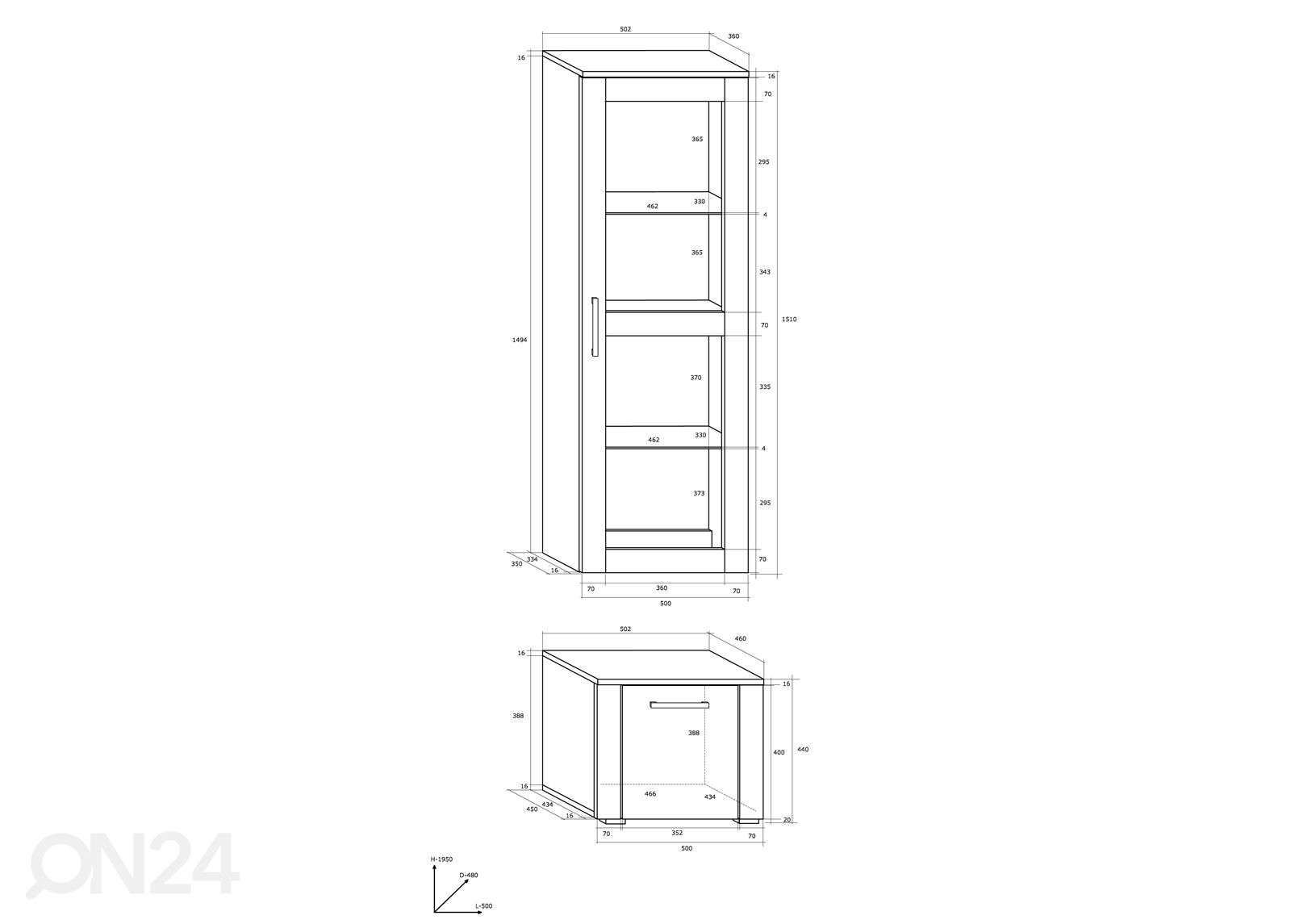 Vitriinikaappi 50 cm kuvasuurennos mitat