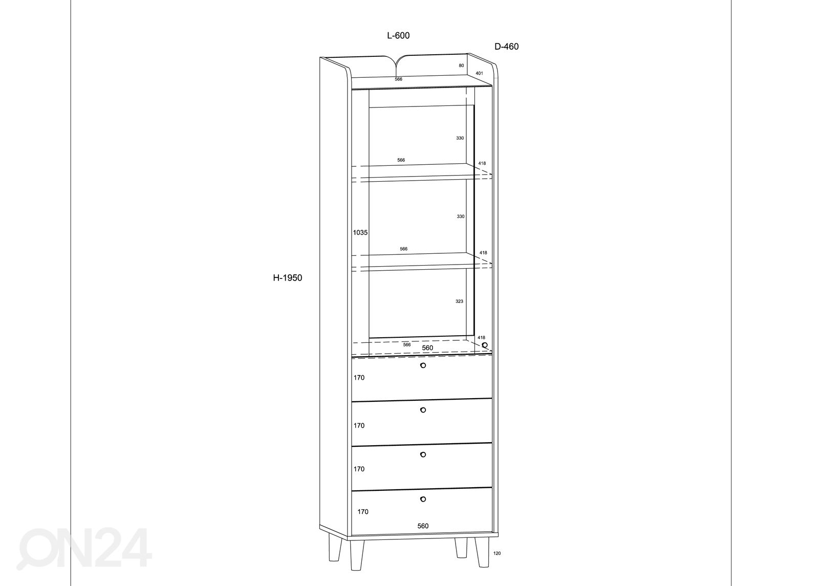 Vitriinikaappi Glandore 60 cm kuvasuurennos mitat