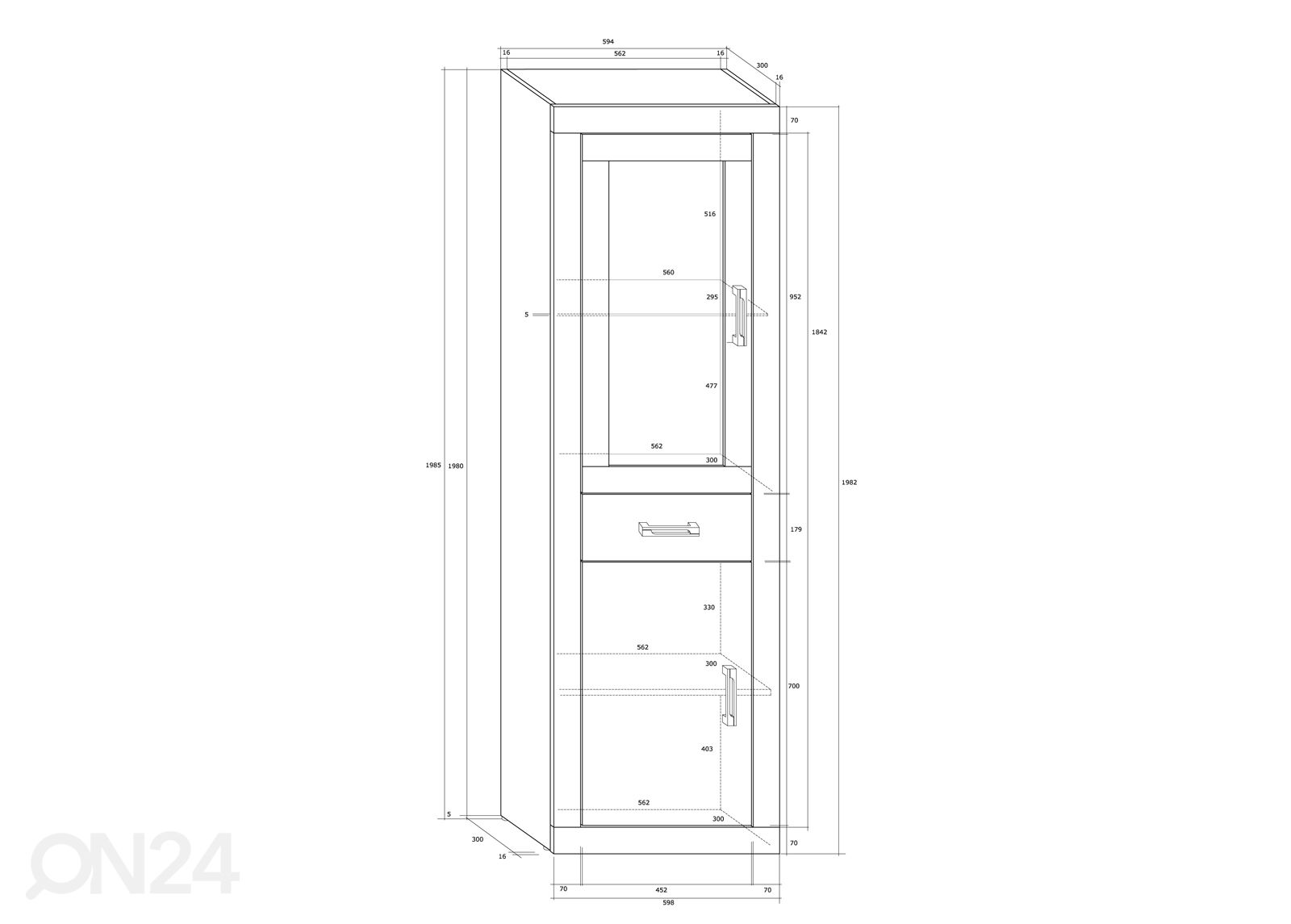 Vitriinikaappi Skibbereen 60 cm kuvasuurennos mitat