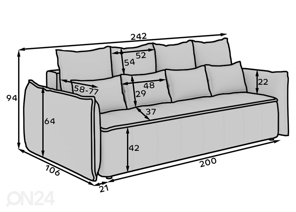 Vuodesohva Como 242 cm kuvasuurennos mitat