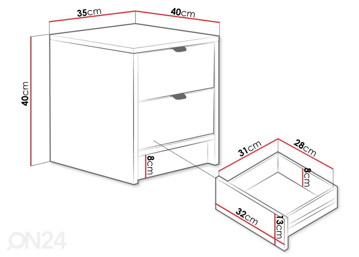 Yöpöytä Tireno 35 cm kuvasuurennos mitat