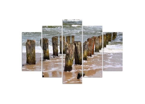 5-osainen taulu Breakwaters on the beach 150x100 cm