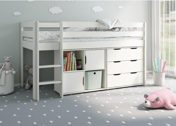 Puolikorkea parvisänky Robin 90x200 cm lipastolla ja hyllyllä