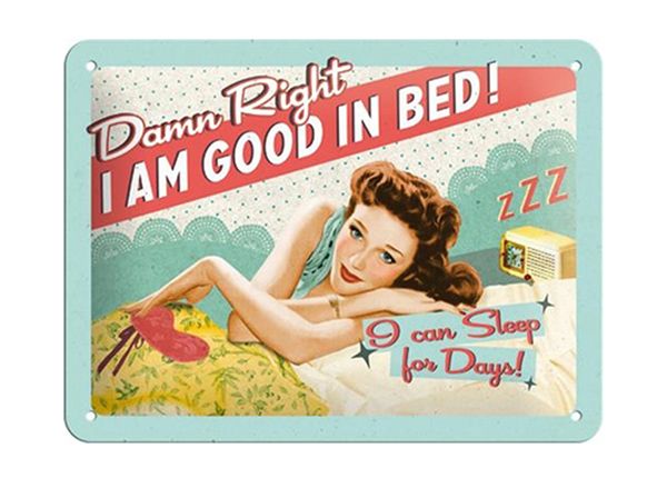 Retro metallitaulu I am good in bed... 15x20 cm